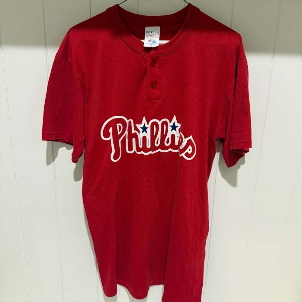 Vintage Majestic Philadelphia Phillies Lathrop #9 Red Henley Baseball T-Shirt Me